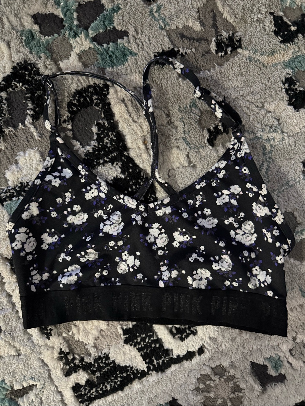 PINK Victoria's Secret Black Floral Bralette with White & Purple Flowers